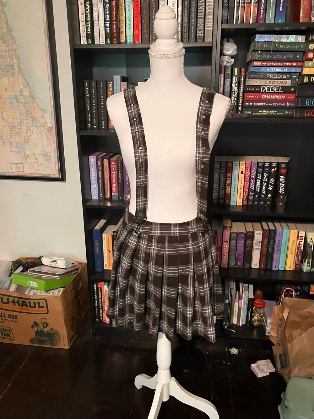 Hot Topic Black Plaid Suspender Skater Skirt